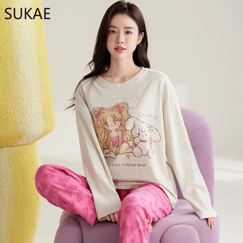 SUKAE Cute Cartoon Loungewear Women Autumn Spring Woman Pama Set Pullover Long Sleeves Girl Nightwear Homesuit Mujer Sleepwear