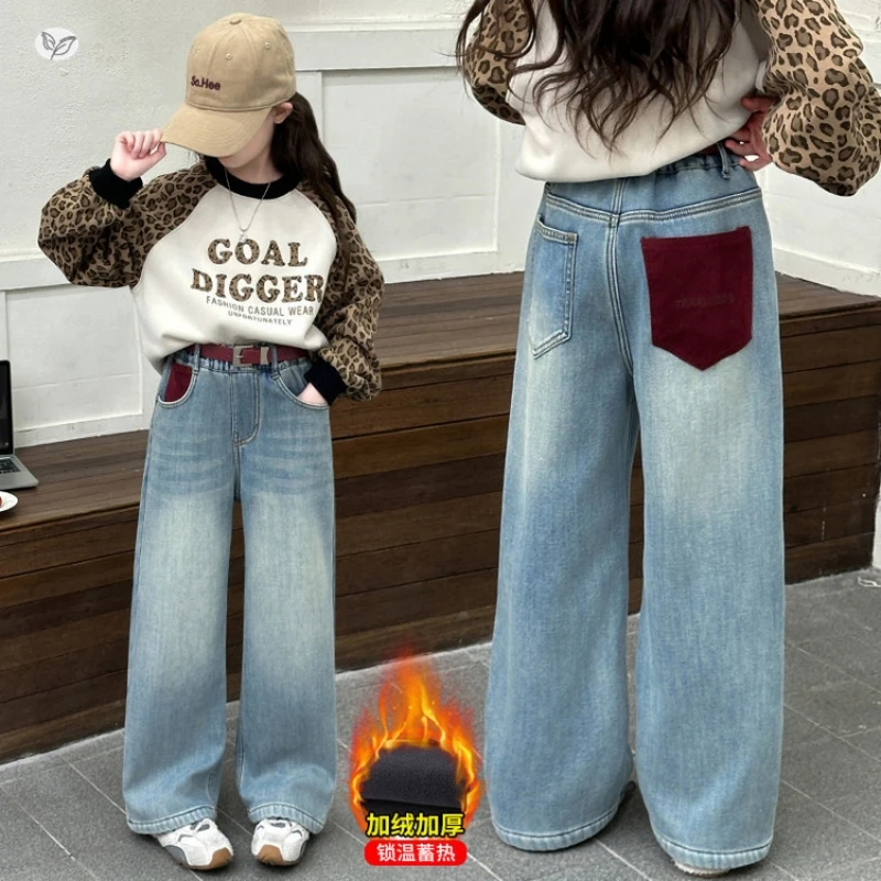

Stylish Children's Thermal Denim Pants - Girl's Casual Straight-leg Pants with Color-block Pockets, Winter Denim Pants, Ages 7-1