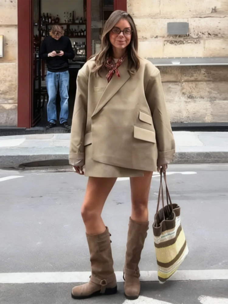 

Women's Early Autumn Jackets Flip Collar Side Button Suit Jacket Woman Solid Color Long Sleeves Pocket Loose Coat Street Commute