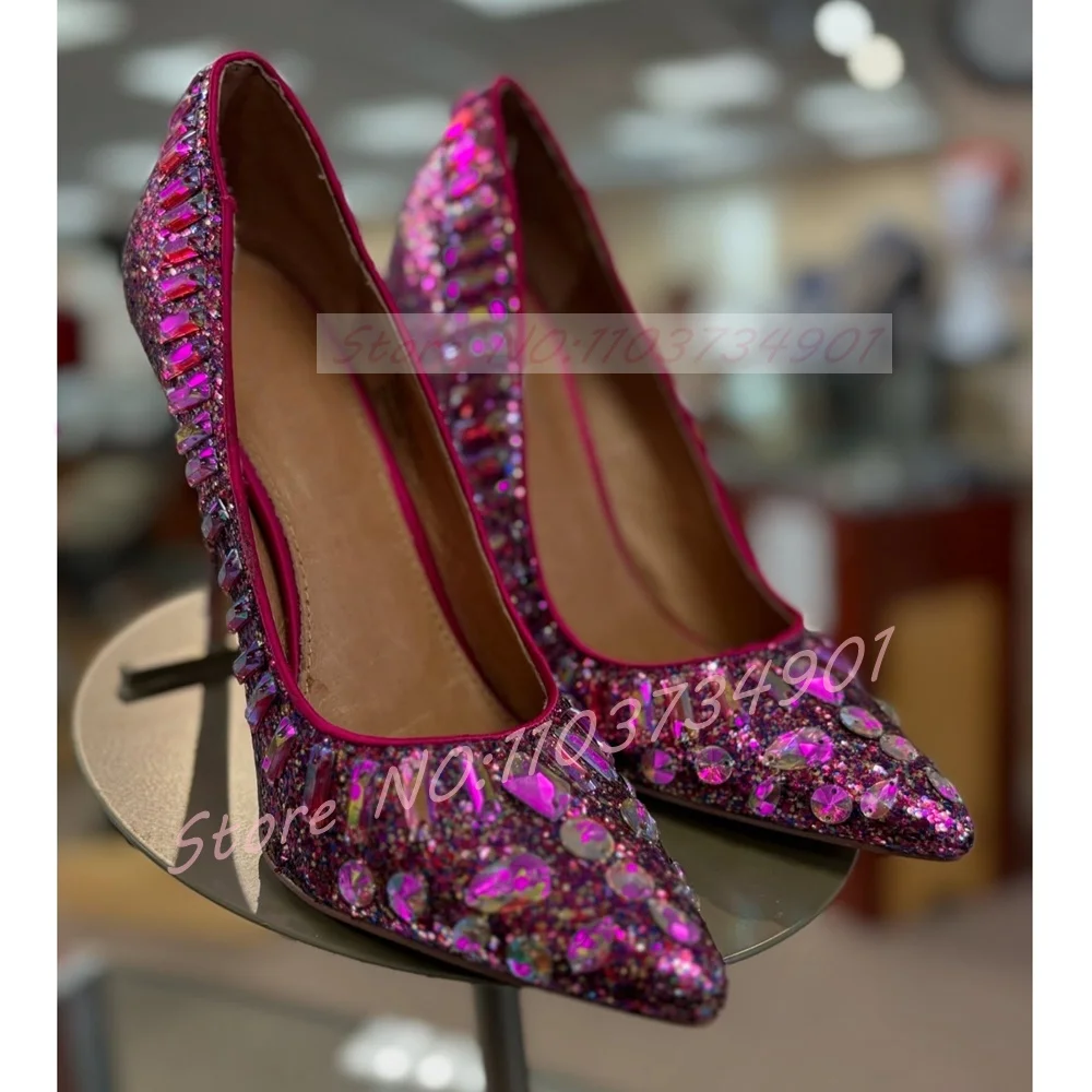 Фиолетовые блестящие туфли-лодочки, женские вечерние туфли-лодочки без шнуровки с блестящими кристаллами, женские пикантные туфли большого размера, 2026, новые туфли на высоком каблуке