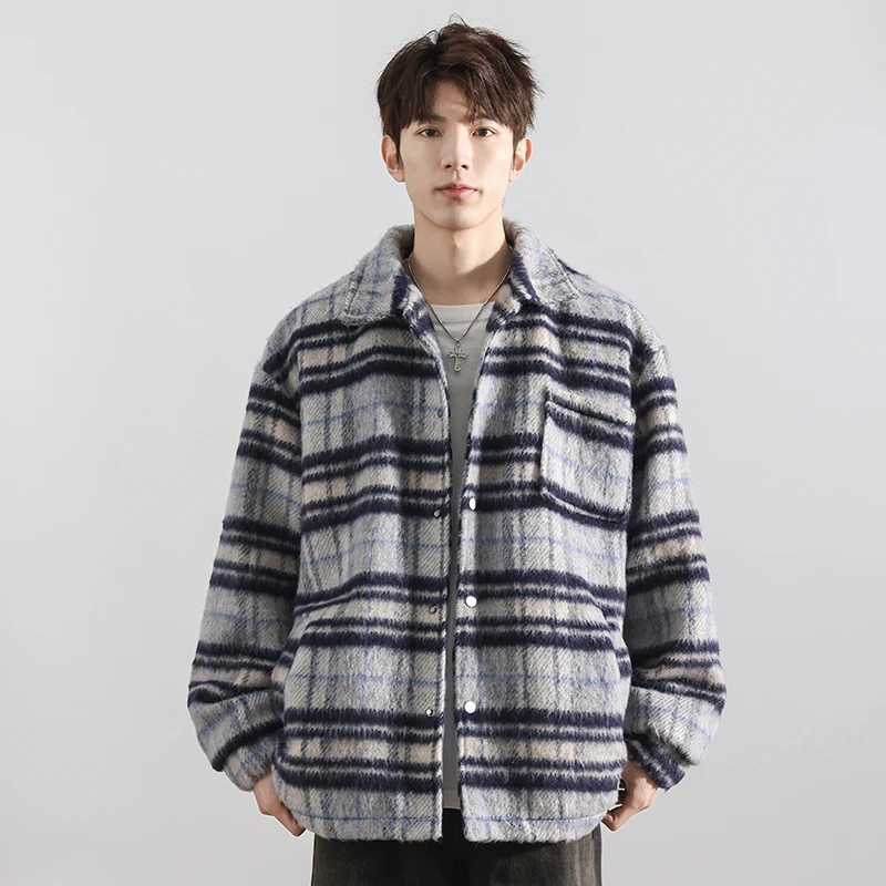 

Men's Stylish Lapel Wool Blend Jacket - Plaid Tweed Design - 2025 Fall Loose Fit Casual Outerwear