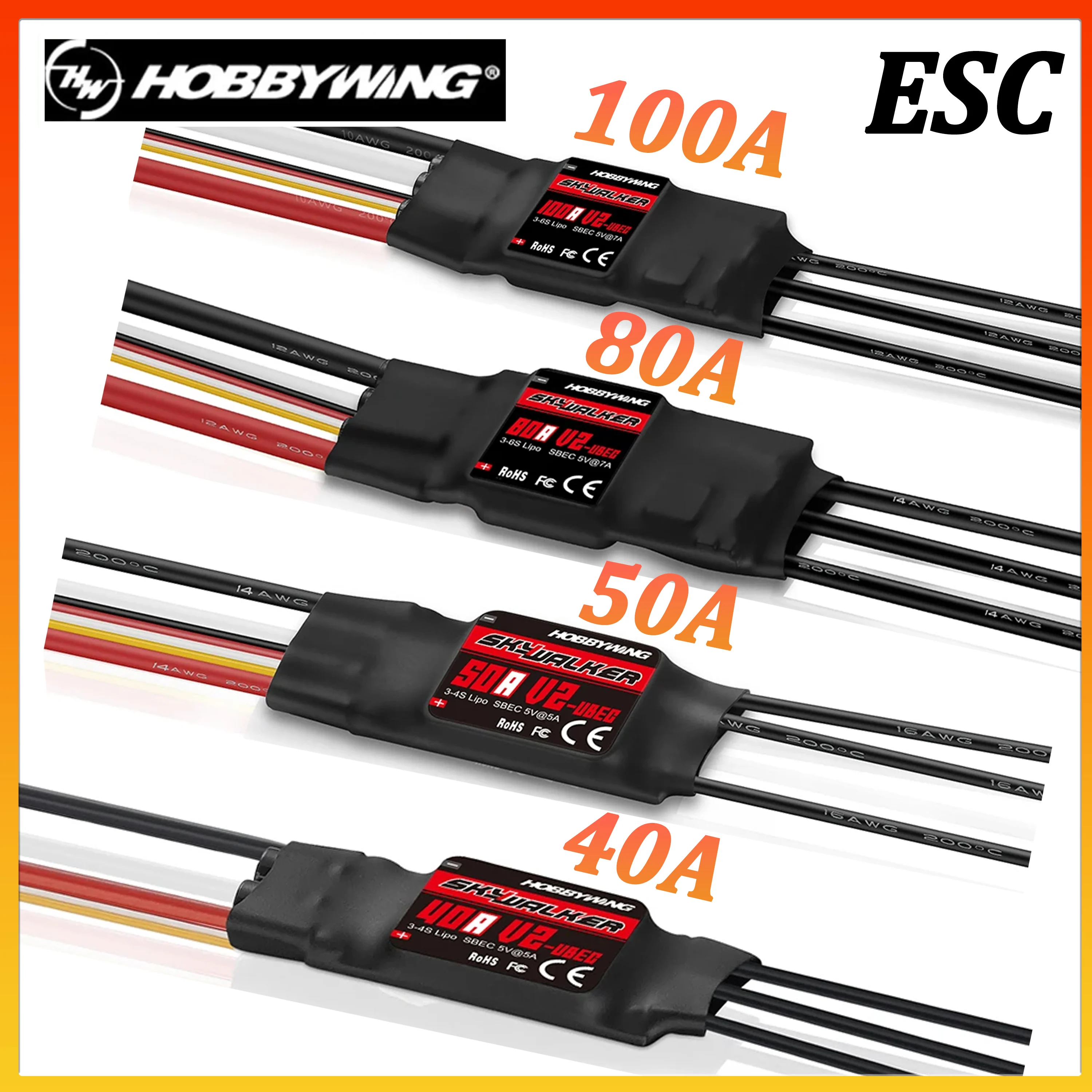 

Бесколлекторный регулятор скорости HOBBYWING Skywalker ESC 100A 80A 50A 40A V2 для радиоуправляемых FPV дронов, самолетов, вертолетов, квадрокоптеров