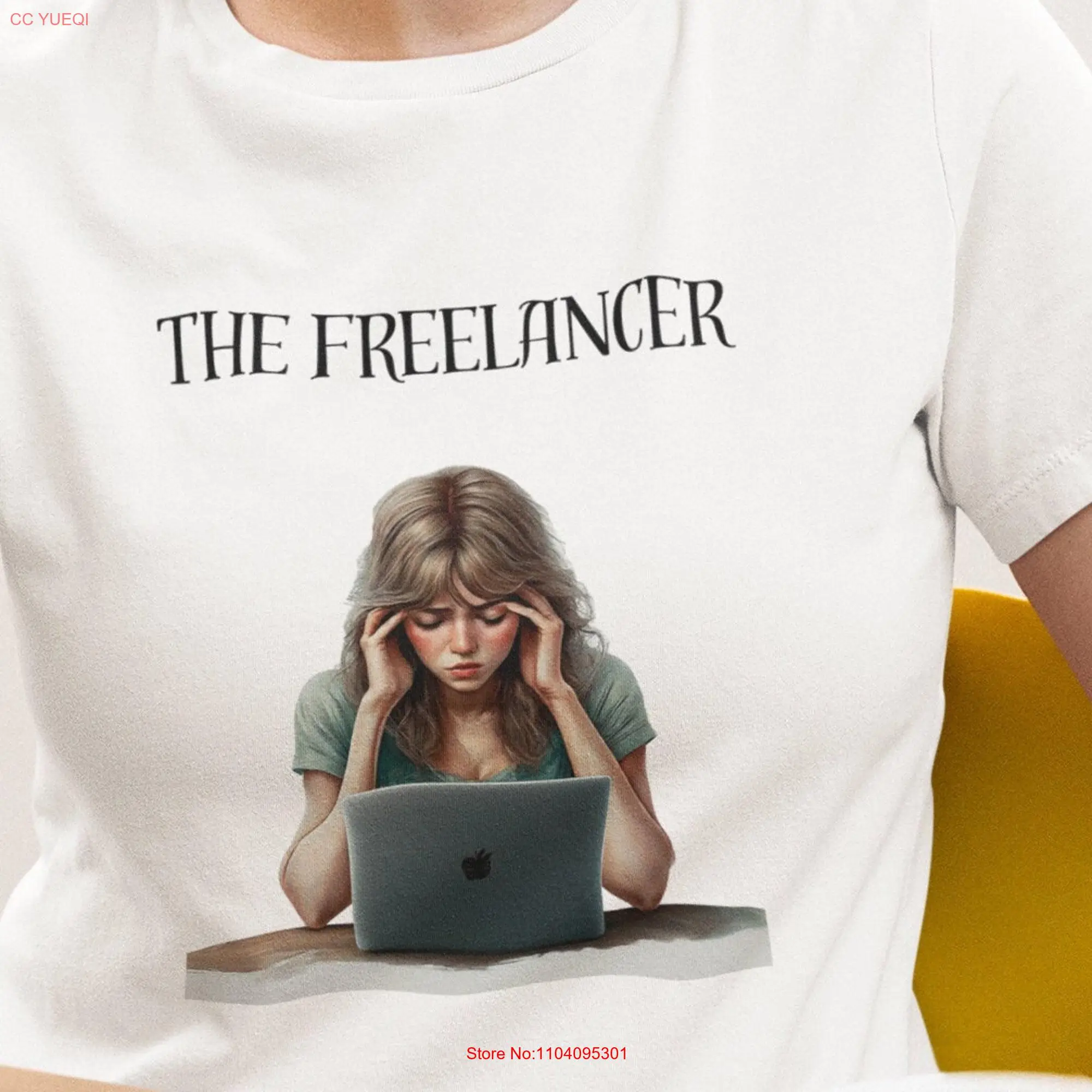 The Freelancer T Shirt Office Chronicles Lady Suffering in Front of a Laptop long or short sleeves