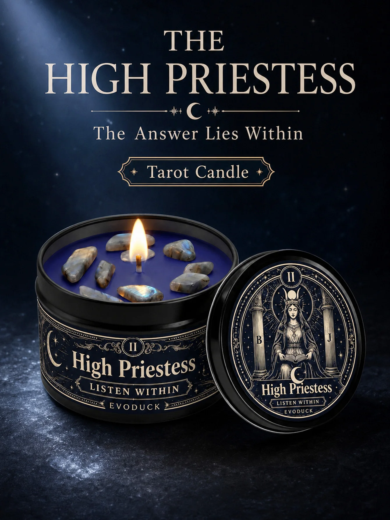 EVODUCK The High Priestess Tarot Candle with Blue Grey Crystal Stones, Scented Black Tin Candle, The Answer Lies Within Spiritual Ritual Candle for Meditation, Intuition Divination, Moon Witch Altar Decor, Birthday Halloween Gift for Tarot Reader Her