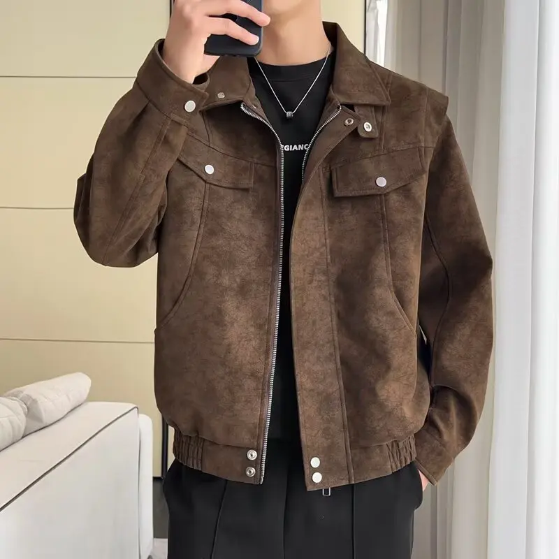 

Men's American Retro Patchwork PU Leather Jaet Baseball Sle High Street Faion Autumn Outerwear Long Sve Zipper Closure