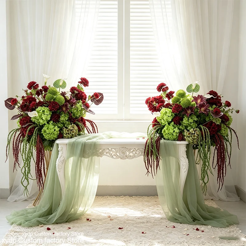 Künstliches Hortensien-Blumenarrangement in Burgunderrot und Grün, Hochzeitstisch-Mittelstück, Blumenball, Calla-Lilie, Amaranthus-Gras, Floristik – Detail 3