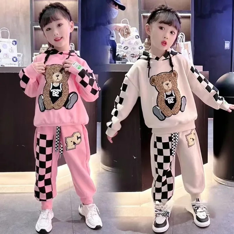 Children's clothing, boys and girls, spring and autumn, children's plush sweaters, casual sports hooded two-piece set