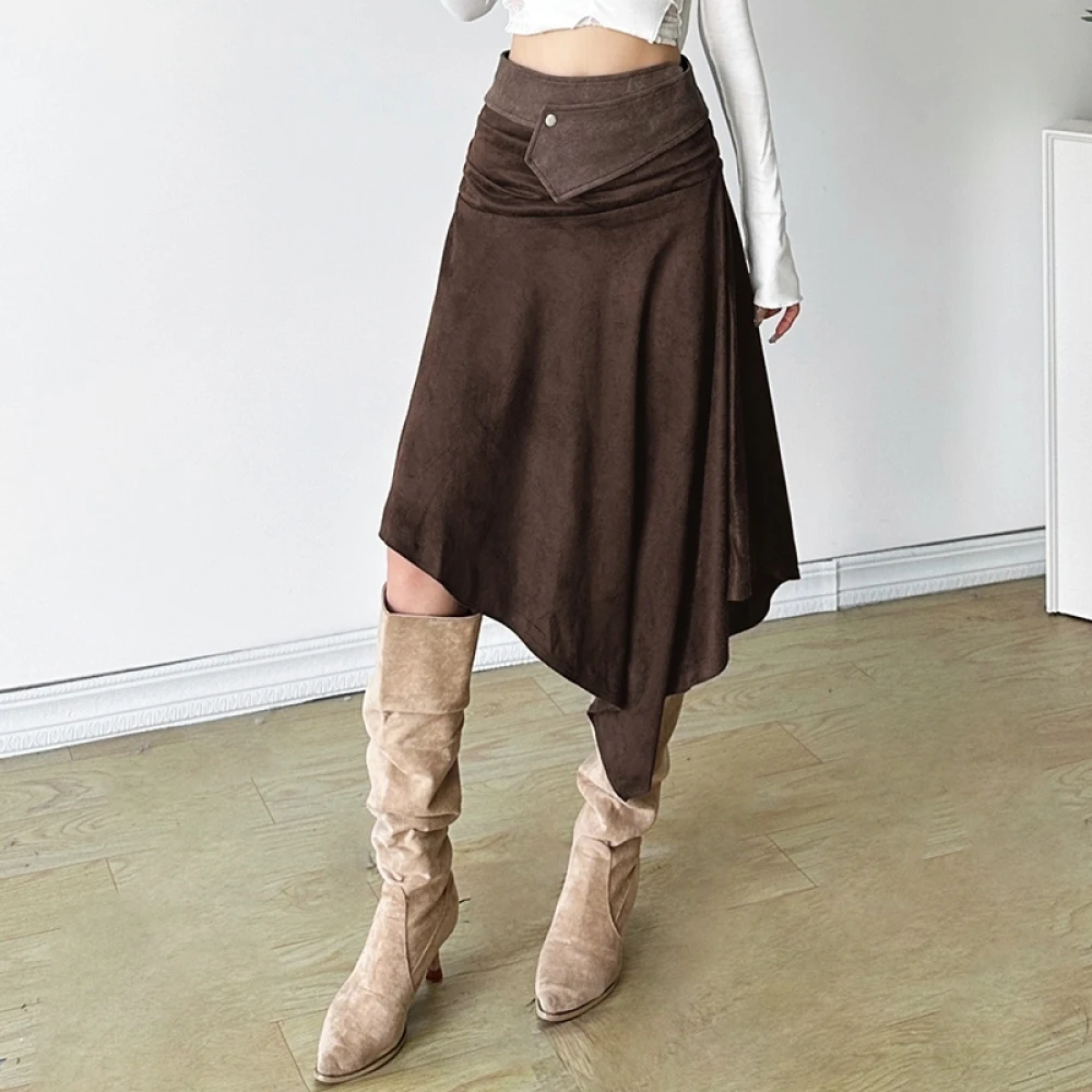 SylCue Casual Fashion Mid Skirts Woman Elastic Waist Ruched Irregular Hem Street Versatile Style Elegant SiMple Basic Bottoms