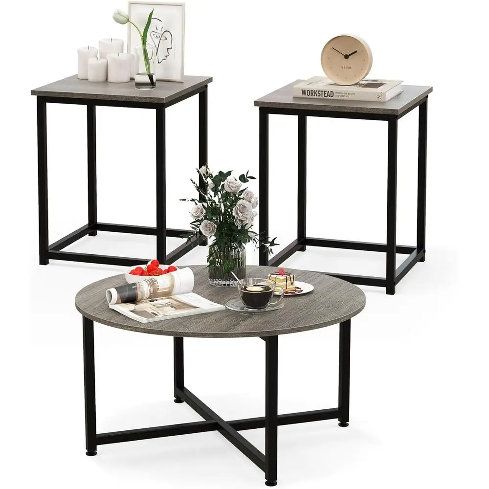 Coee Table Set o 3, Wood Grain Round Coee Table and 2 Square End Side Tables with Metal e, ern 3-Piece Living Room Tables Set or