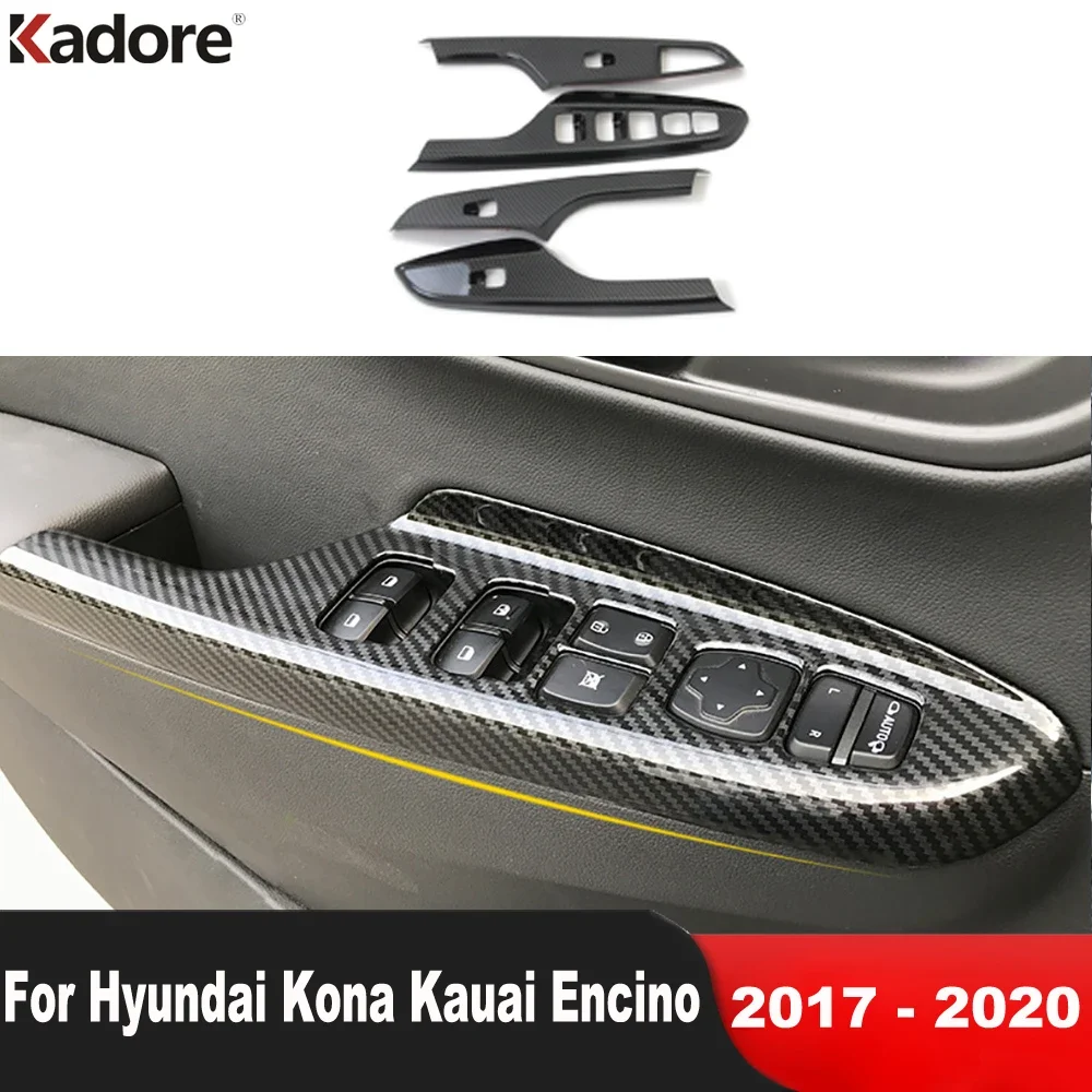 Car Inner Door Window Lift Switch Button Panel Cover Trim For Hyundai Kona Encino Kauai 2017-2020 Carbon Interior Accessories