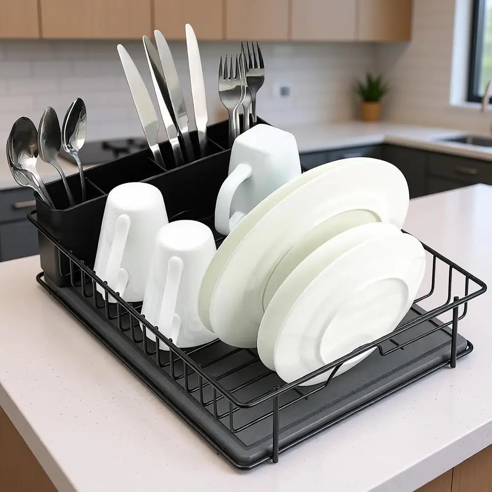 

Rust-Resistant Stainless Steel Dish Drying Rack with Detachable Utensil Holder & Drainboard - Black Countertop Kitchen Organizer