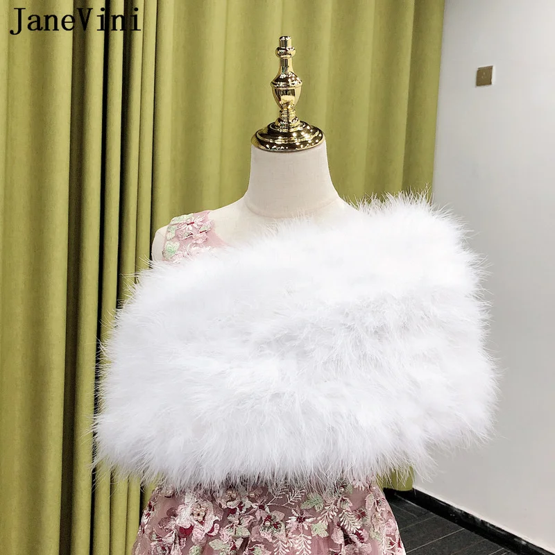 

JaneVini Winter Ostrich Feathers Faux Fur Cape Women Wedding Bolero for Dress Shawl White Bridal Wraps Fur Stole Plaszcz Damski