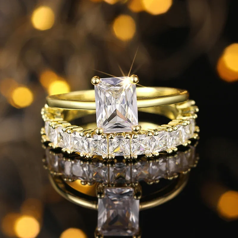 Huitan Anmutige 2-teilige Ringe mit glänzendem Zirkonia, trendige, zarte Luxus-Accessoires für Frauen, sanfter, schicker Hochzeitsschmuck