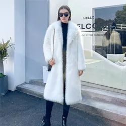 Winter Long Faux Fur Fluffy Jackets Women Solid Lapel Long Faux Fox Fur Coats Ladies Furry Warm Overcoat Vintage Slim Overcoat