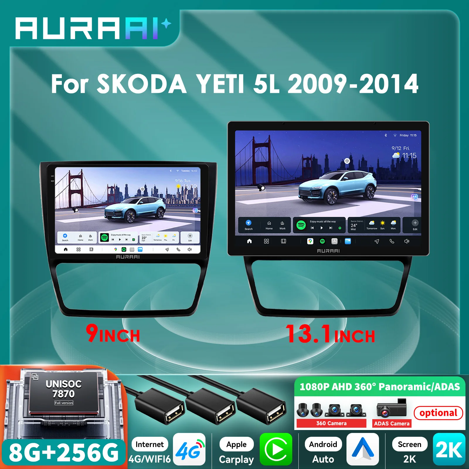 8 + 256G Carplay Android 13 Autoradio per SKODA YETI 5L 2009-2014 2K Schermo intelligente ADAS + 360 Cam Multimedia 7870 8Core 2.7GHz