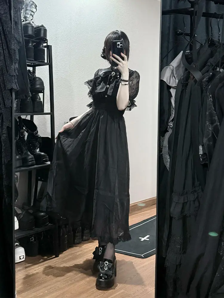 ゴシックヴィンテージY2K和風ワンピース レディース服 蝶ネクタイ レース ロリータファッション ショート丈パーティードレス スリム エレガント ミディ丈ワンピース 新作