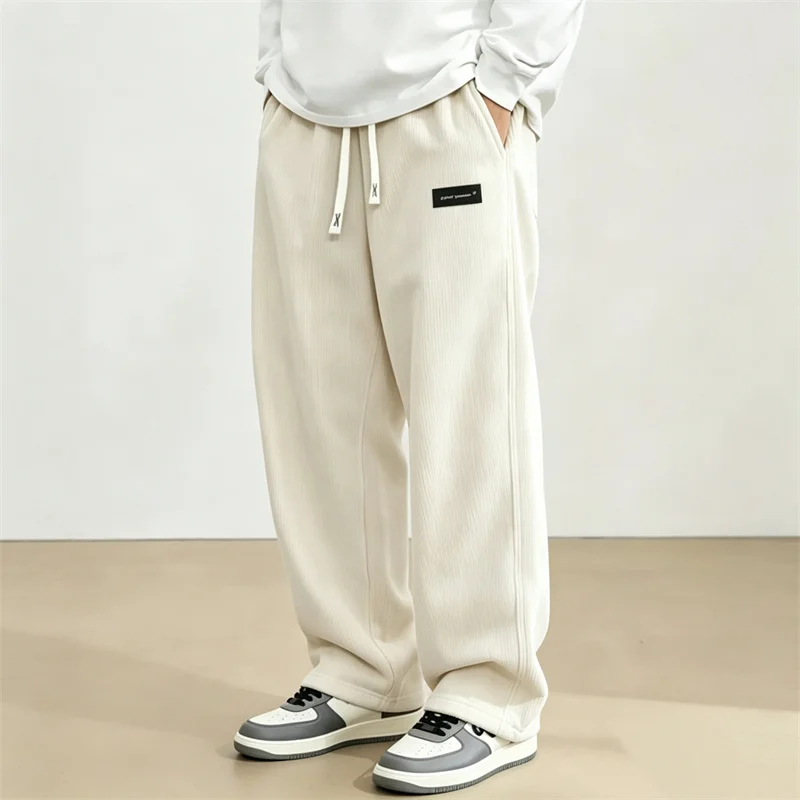 spring autumn Men Casual Drawstring Loose Wide Leg Pants Fashion thin solid-color Corduroy trousers training comfort men Pants
