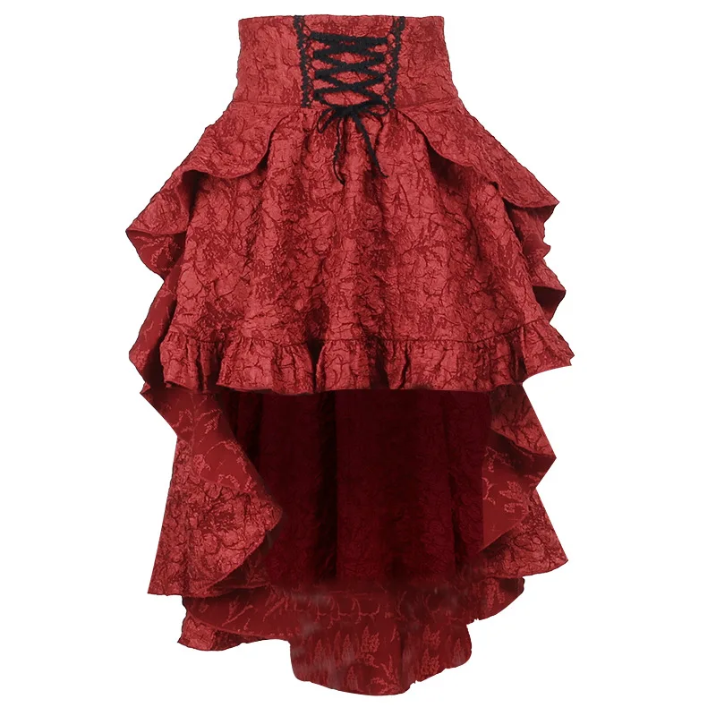 Gothique Sle médiéval rétro asymétrique taille haute jupe loween rouge et Bla taille cintrée Lolita Dr jupe