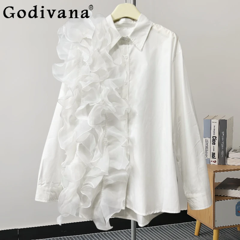 

Fashion Three-dimensional Gauze Ruffles Irregular Long Sleeve Shirt Personalized Girls Spring Autumn Loose Versatile White Top