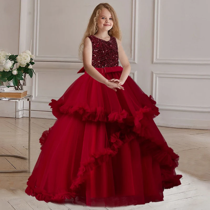 Girls\' long wedding party dress fluffy mesh Princess bubble sleeve Eucharist banquet first Sequin Beaded ball party dress
