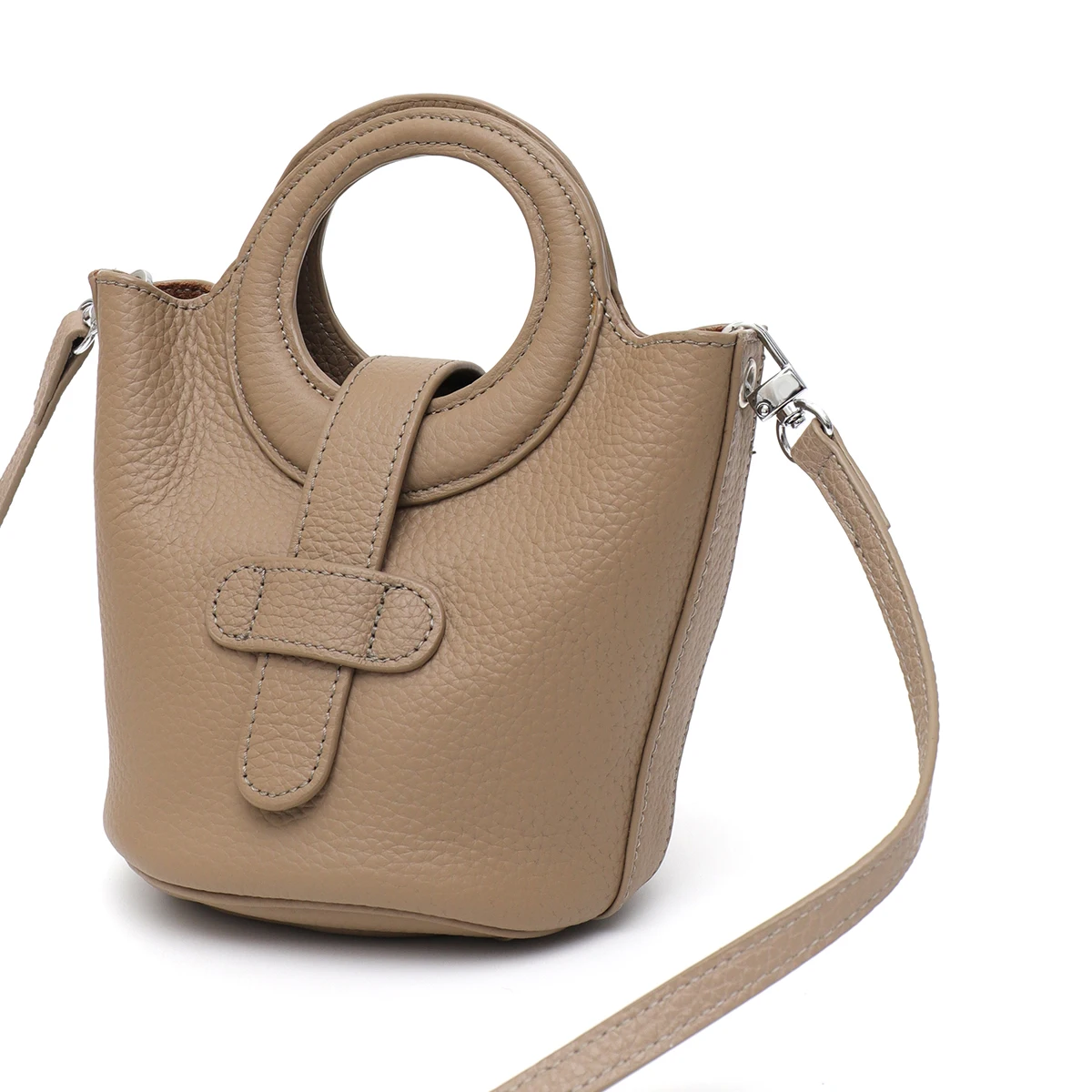 SC Fashion Chic Real Leather Top-handle Bag Women Elegant Round Handles Bucket Small Portable Cross body Handbag Zip Liner Purse