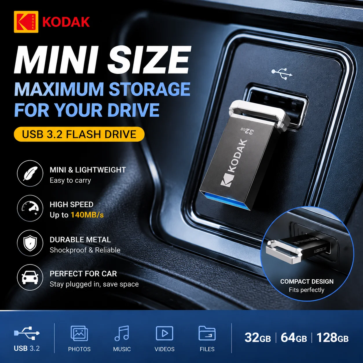 KODAK K113 USB 3.2 Flash-Laufwerk 32GB 64GB 128GB Metall Mini USB-Stick 140MB/s Hochgeschwindigkeits-Pendrive für Auto PC Laptop