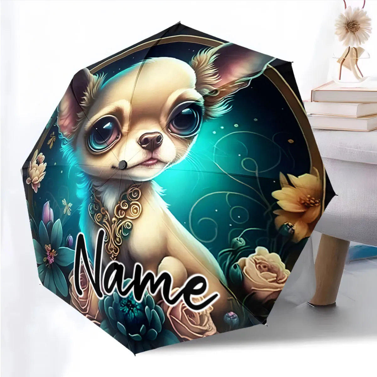 Custom Name Customizable Cute Puppy Umbrella Vibrant Floral Art Print 8 Iron Ribs Folding Umbrella Auto-Open Fashion Sunshade