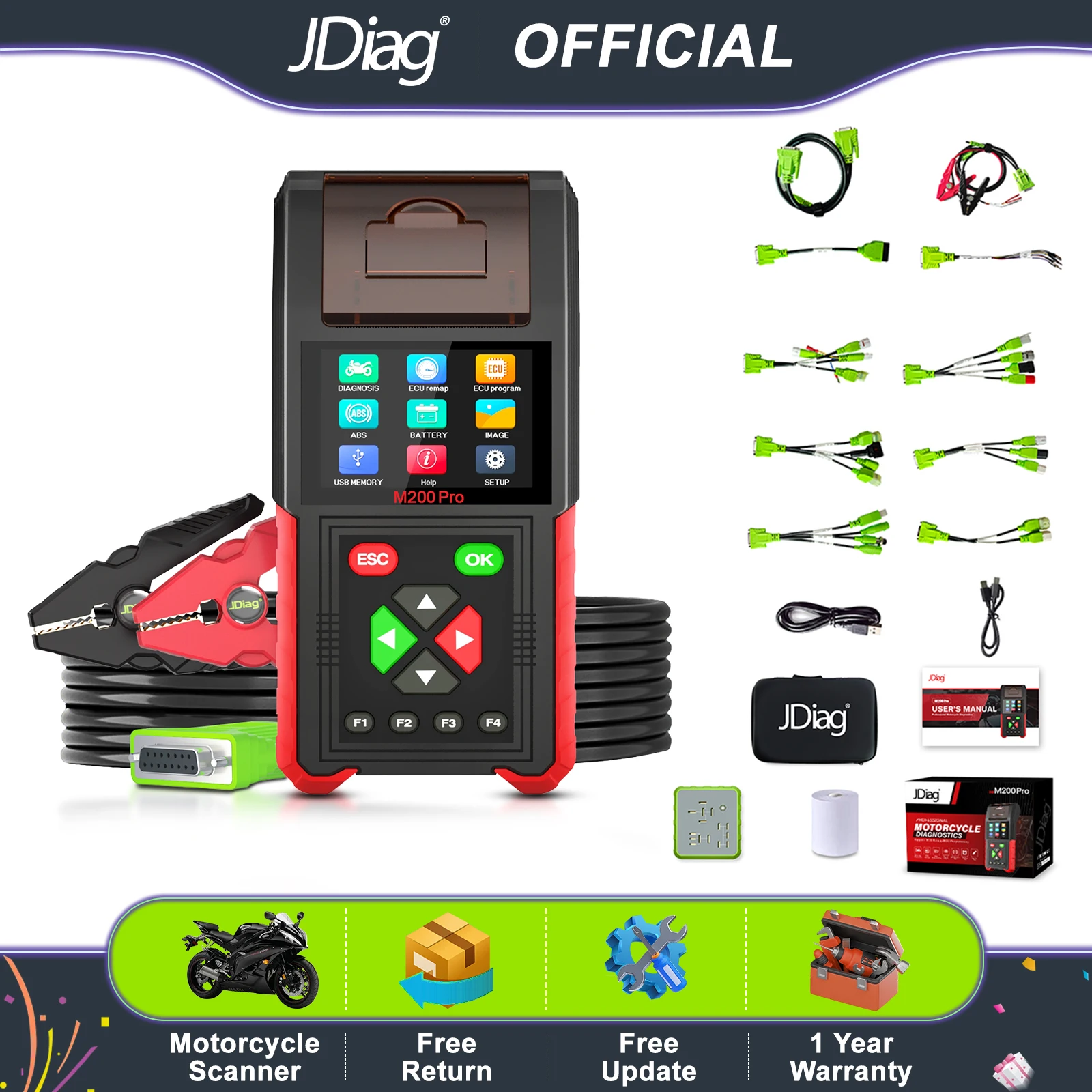JDiag M200 Pro Diagnostic Scanner with ECU Remap Universal Motorcycle Scanner Battery Tester ABS System Test Fault Codes