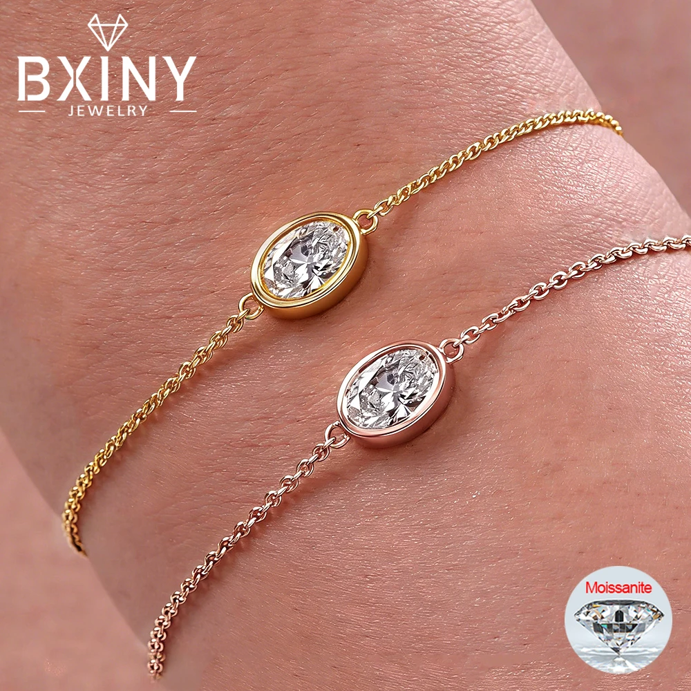 

BXINY Bezel Set Oval Cut Moissanite Bracelet 100%S925 Silver Solitaire Lab Diamond Adjustable Chain for Women Party Gift Jewelry