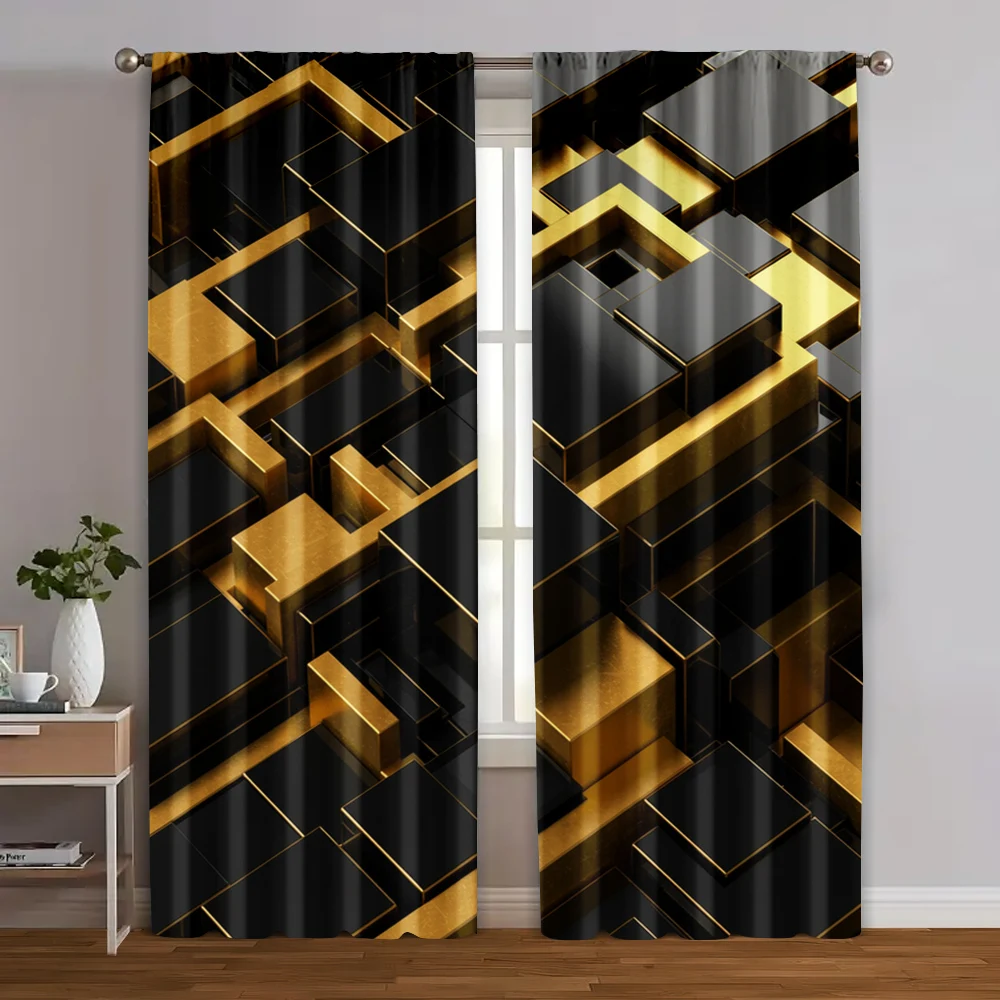 2pc,  Party Curtain Black gold brilliant print Versatile Polyester,Without Electricity Festive Holiday Suitable for Holiday Home