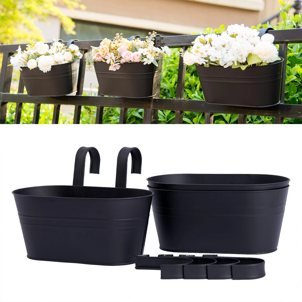 Metal Hanging Flower Pots for Fence Outdoor Balcony Rail Planter with Detachable Hooks Drainage Holes for Deck Garden Decor