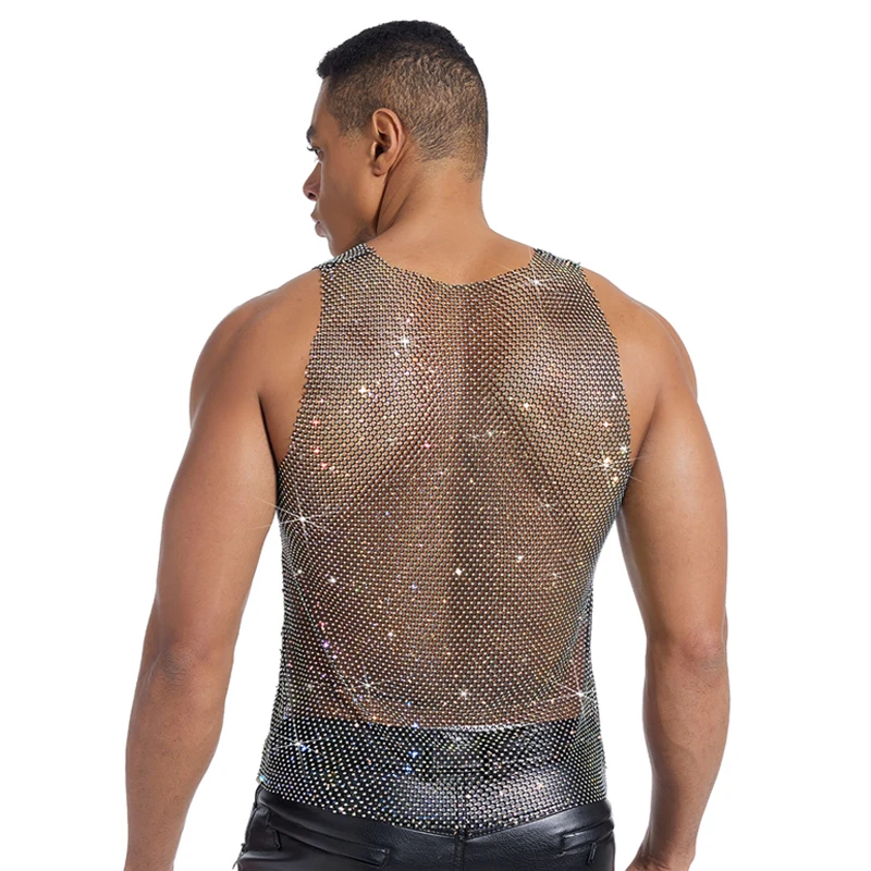 Herren-Tanktop mit glitzerndem Strass-Mesh, durchsichtig, ärmellos, Clubwear, Party-Weste, Herren-T-Shirts und Tanktops, майка мужская – Detail 4