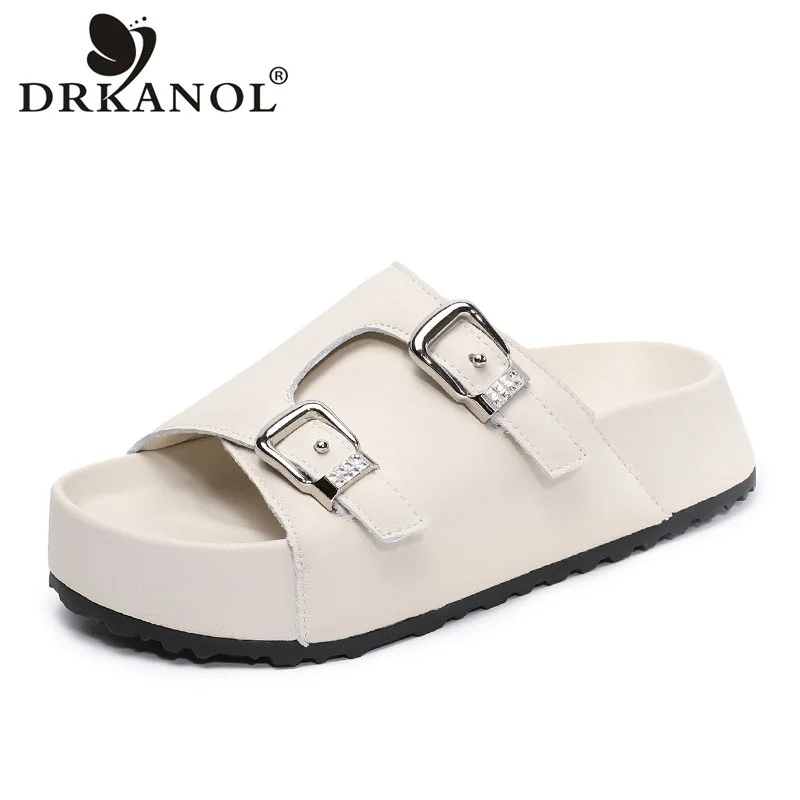 

DRKANOL Women Platform Slippers Summer Thick Sole Sheepskin Genuine Leather Flat Slippers Ladies Height Increasing Casual Slides