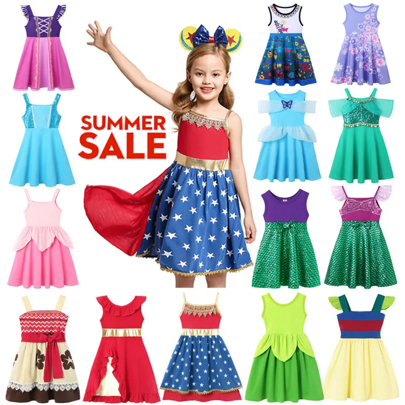 2024 Summer Casual Dress Girl Cosplay Frozen Encanto Rapunzel Jasmine Mermaid Princess Costume Kid Birthday Party Clothes