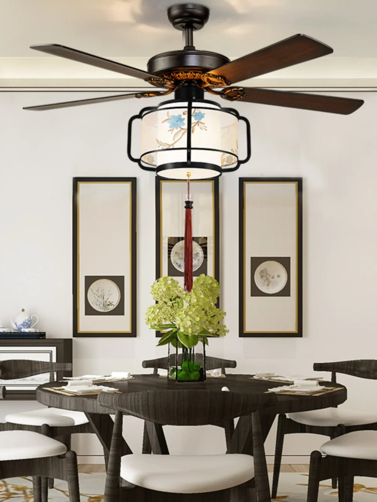 New Chinese Dining Room Ceiling Fan Light Chinese Style Bedroom Dining Room Pavilion Tea Room Ceiling Fan Vintage Wood