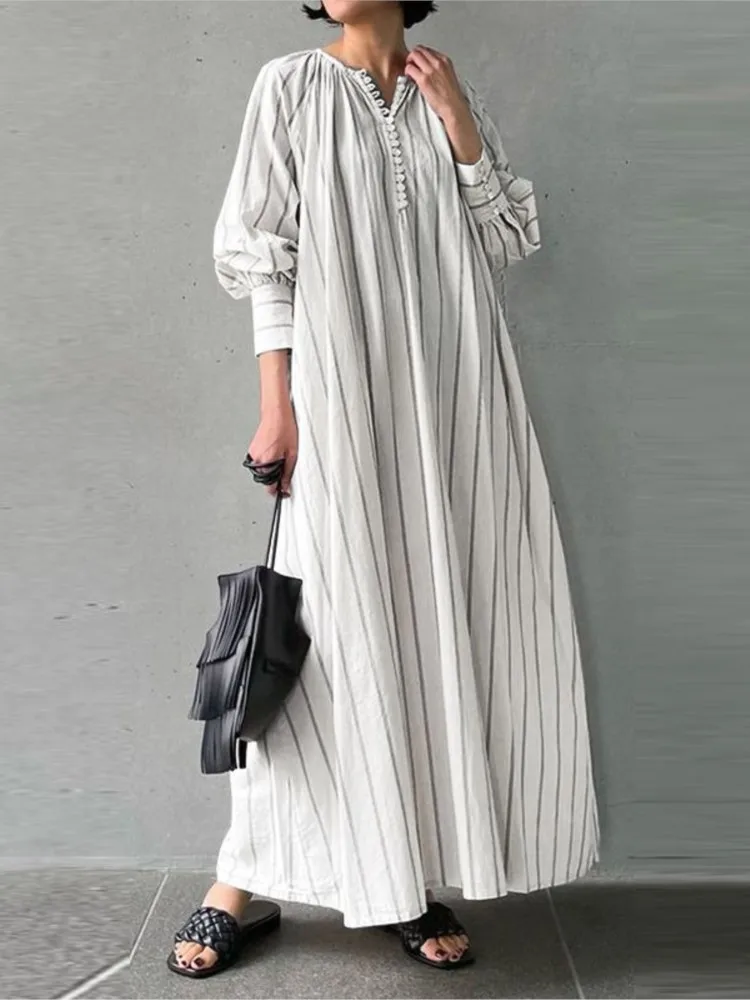 

2023 Cotton Linen Printed Dress Long Sleeve Round Neck Casual Loose Maxi A-line Dresses For Women Commuting Vestidos Para Mujer