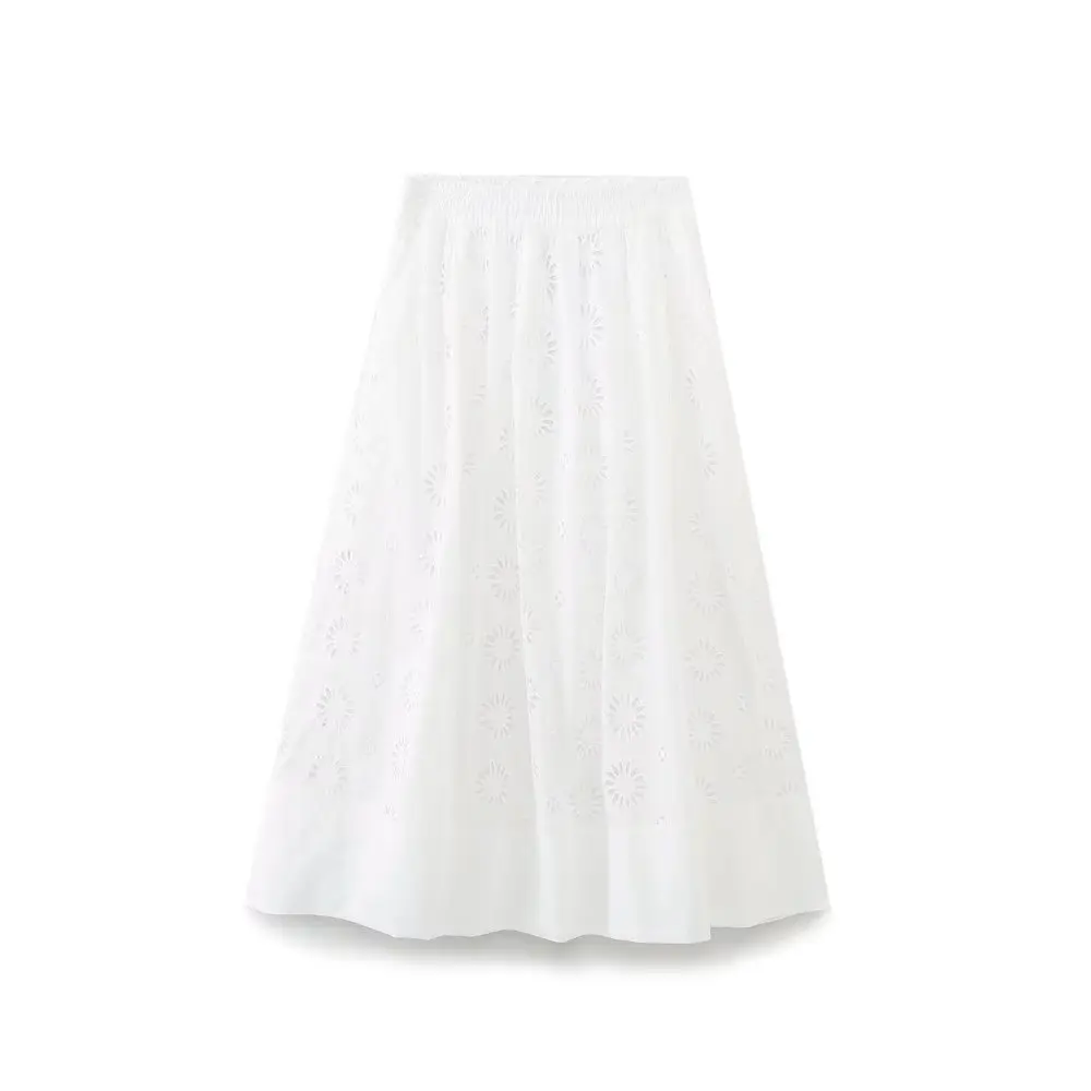 Maxdutti Moroccan Retro Hollow Embroidery Skirt Womens Midi Skirt White Ladies Cotton Casual High Waist