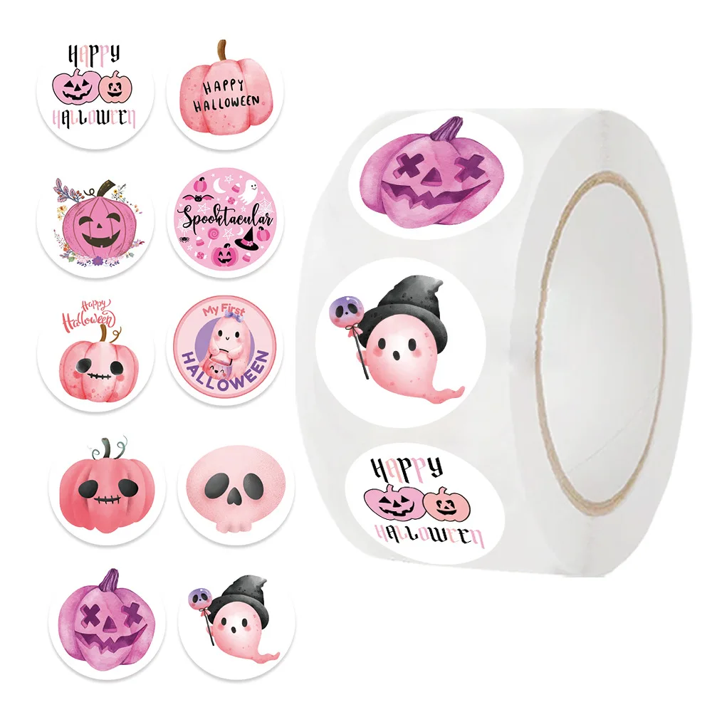 

500pcs/Roll Halloween Pink Cute Ghost Pumpkin Cartoon Sealing Stickers DIY PVC Laptop Decals Decoration Stiker Reward Gift Toys