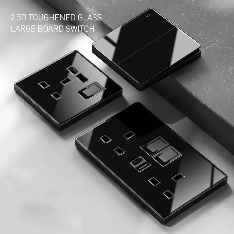 High Quality Wall Light Switch Glass Black UK Wall Socket with Type-c Usb 1Gang 2Gang 3Gang Switch USB C Fast charging Socket