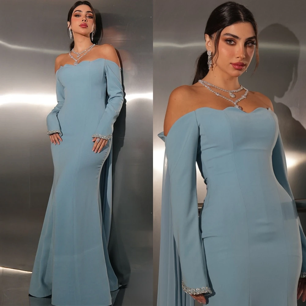 فستان سهرة مخصص عالي الجودة برقبة قارب أنيق من الجيرسيه حورية البحر للحفلات الراقصة كلاسيكي بأكمام طويلة للمناسبات الخاصة #3