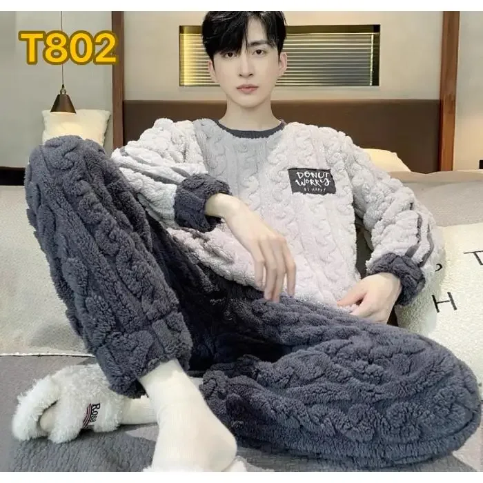 Winter Men's Crew Neck Pullover Thickened Flannel Plush Jacquard Cartoon Young Men Warm Coral Fleece Pajama Set Home Wear Male