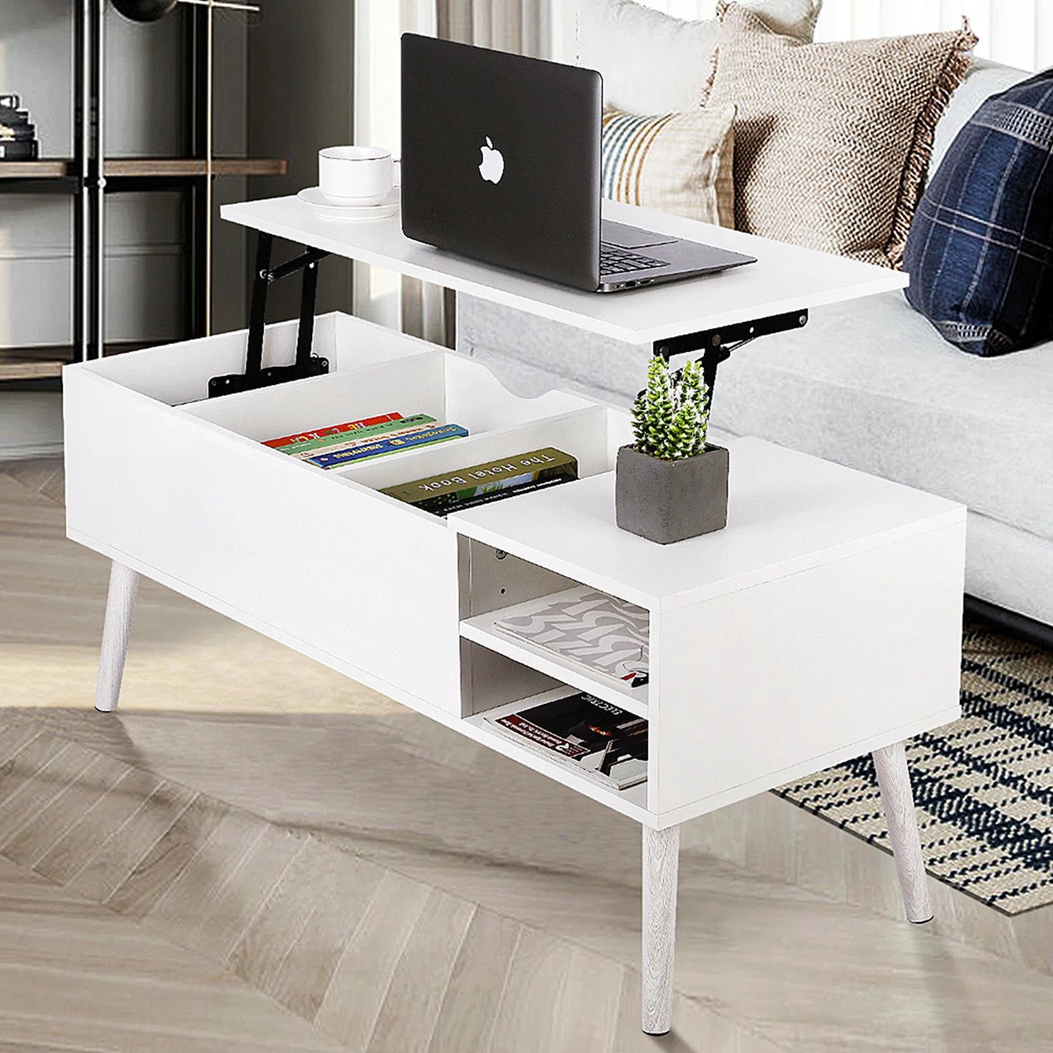 VOWNER  Lift Top Coffee Table with Large Hidden Compartments and Adjustable Storage Shelf, Easy to be Lifted Up or Closed