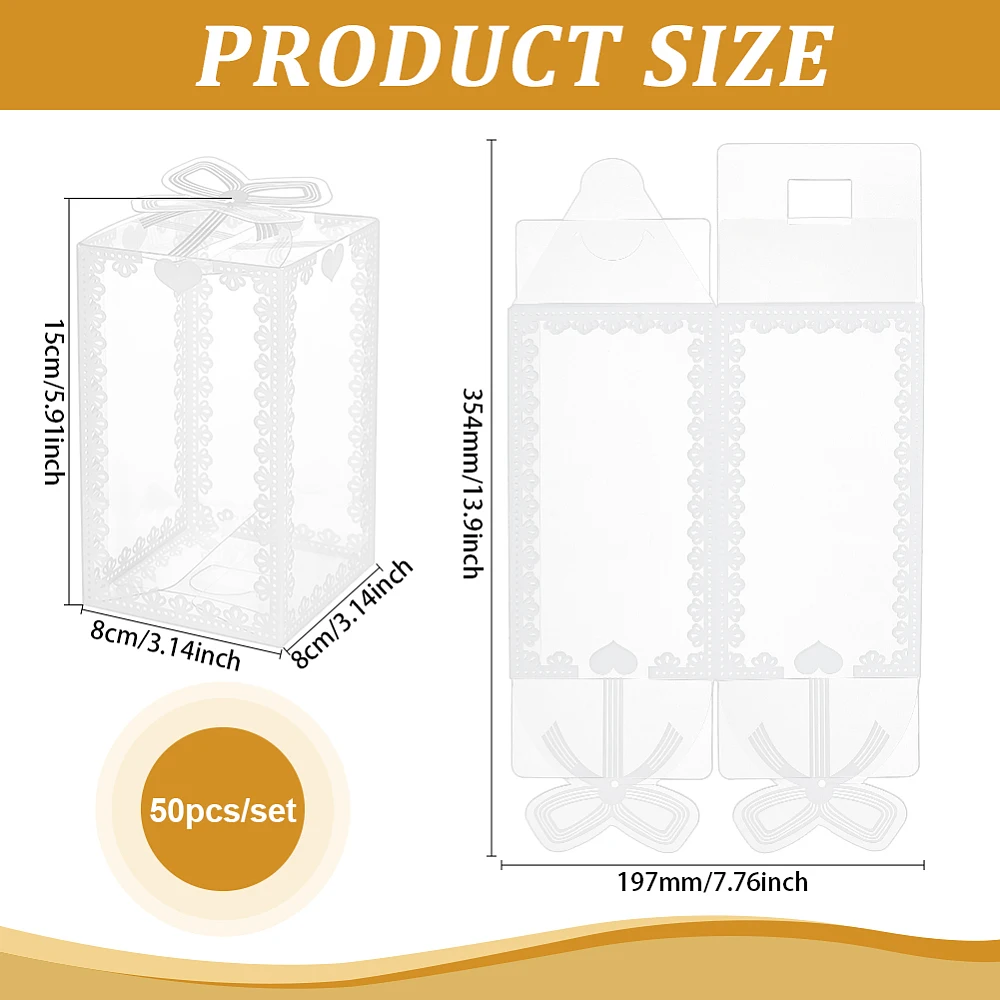 50Pcs 3x3x5.9inch Transparent PVC Favor Boxes Rectangle Bow Pattern Clear Wedding Party Favour Boxes for Festival Gift