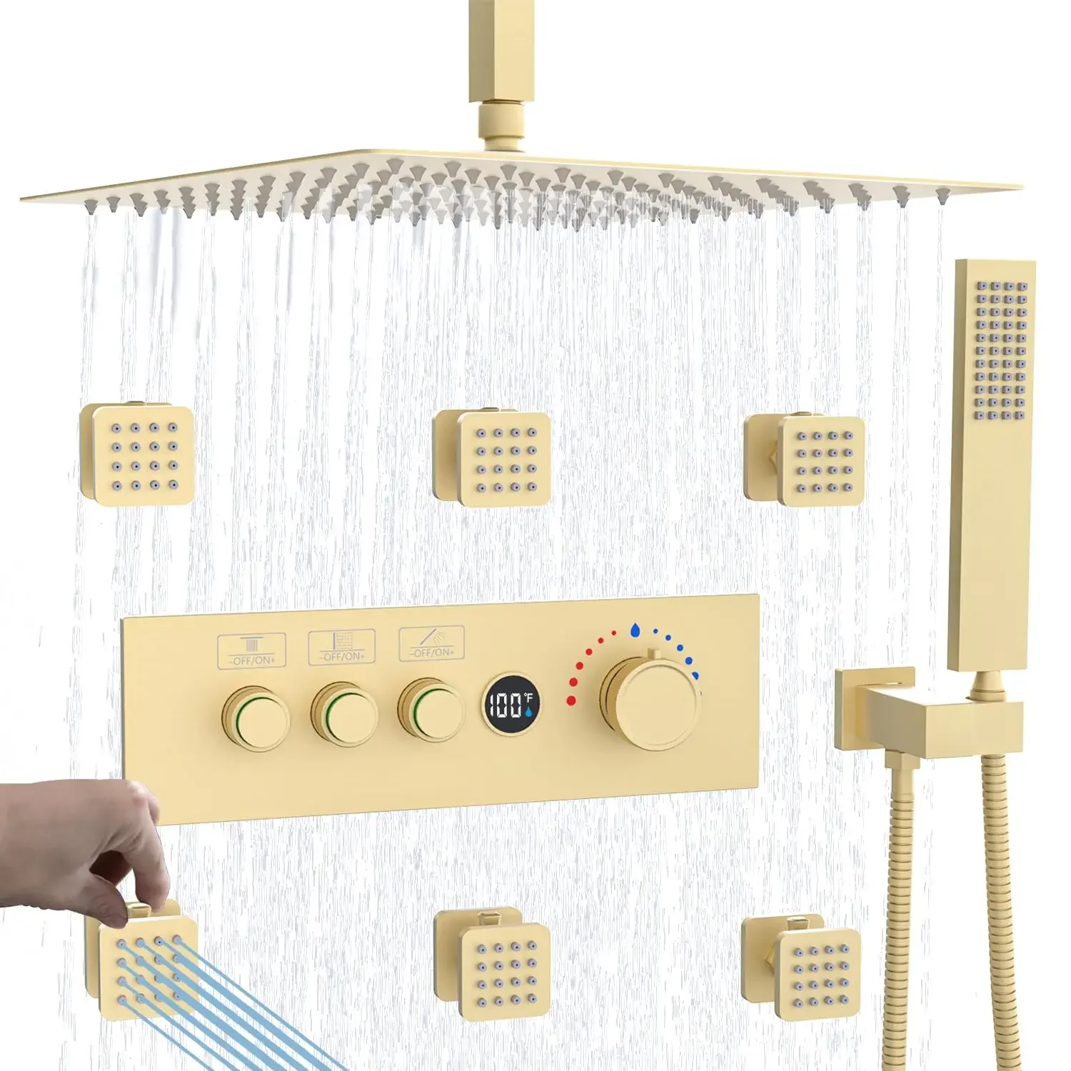 Brushed Gold 16 Inch Temperature Display concealed Push-button Thermostatic Valve Rainfall Shower System set bathroom brass