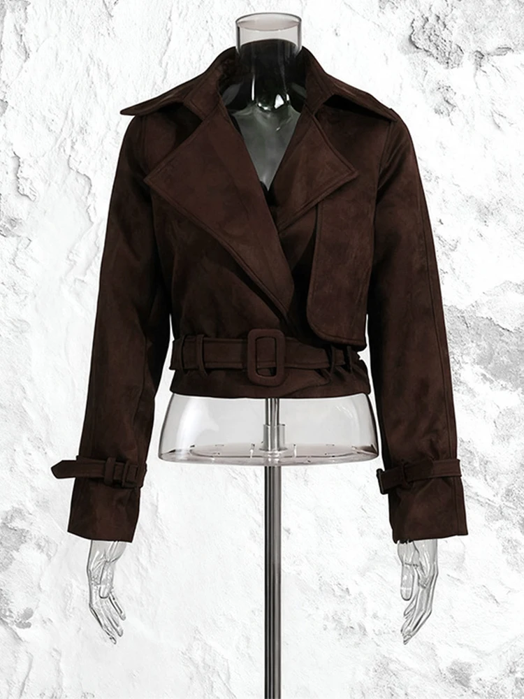 Jaket Pendek Wanita Trendix Musim Gugur Warna Cokelat Suede, Cardigan Kasual Modis dengan Patchwork dan Ikat Pinggang, Mantel Pendek Vintage untuk Aktivitas Jalanan dan Kerja