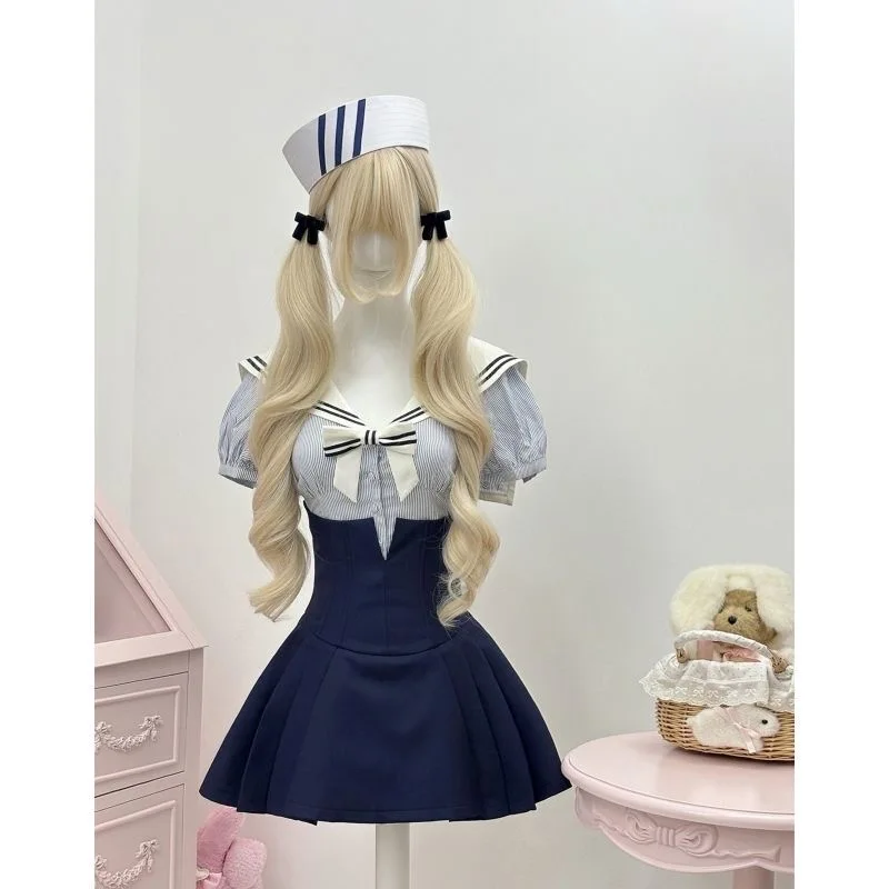 

French Preppy Style Girlish Outfit Slim Sailor Collar Bubble Sleeves Striped Tops+Waist Cinching Slim Short Skirt Two Peice Sets