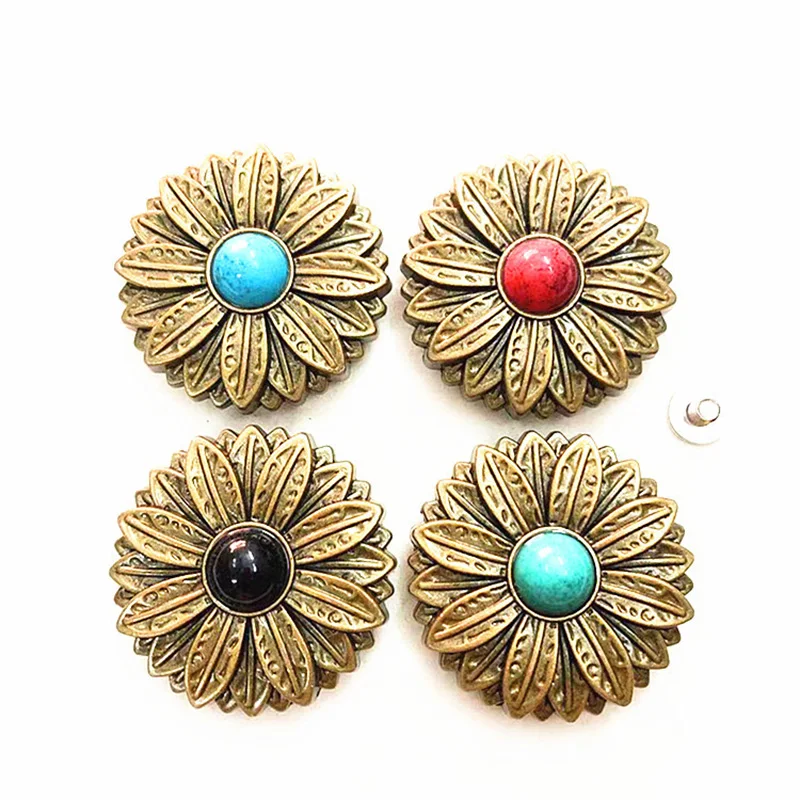 5pcs 30*30mm Brass Southeast Tribal Sun Flower Turquoise Conchos For Leathercraft Wallet Belt Saddle Headstall Bridle Decor