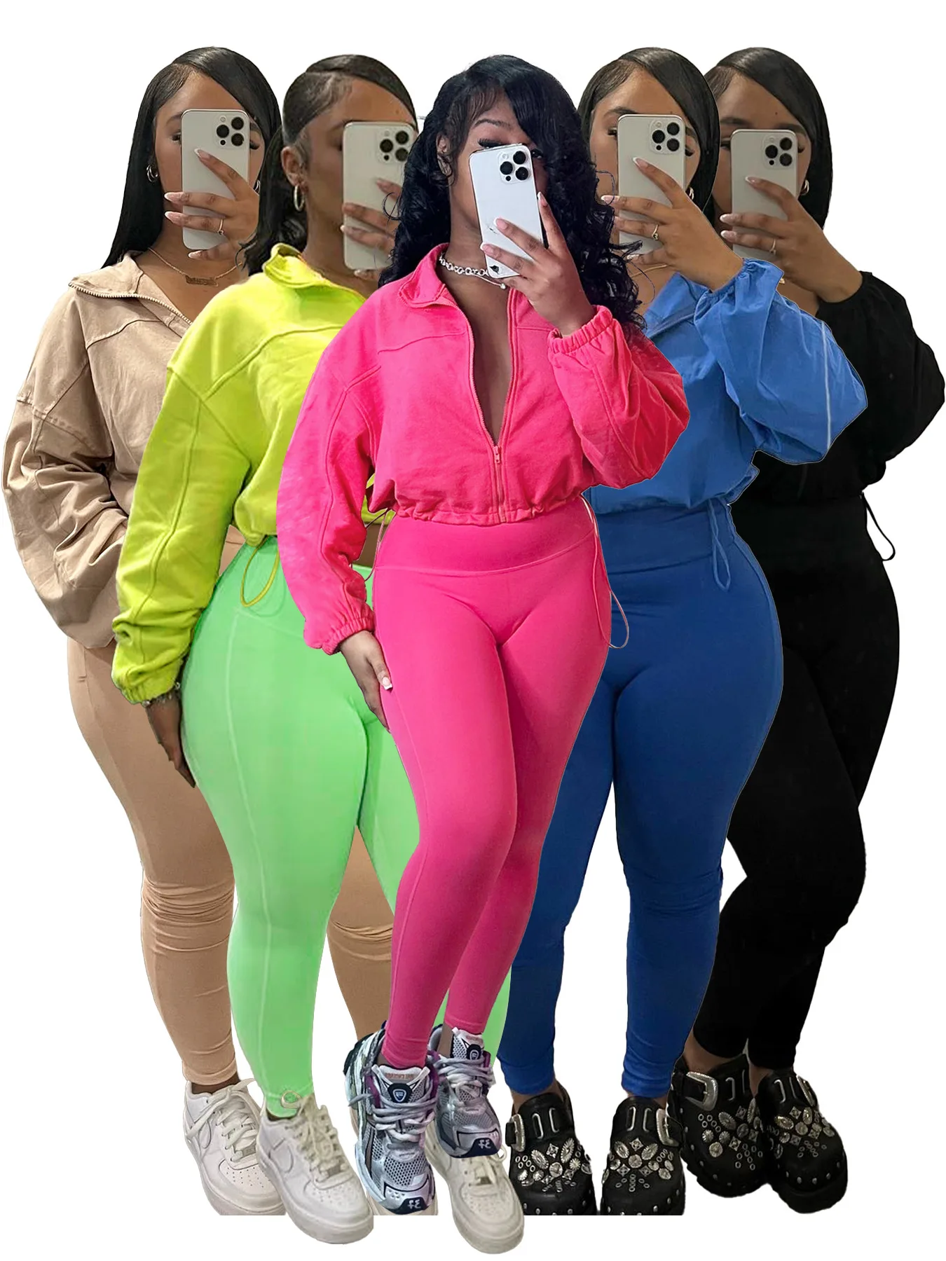 

Повседневный женский комплект из двух предметов ярких цветов, осень-зима 2025, спортивные брюки, костюм на молнии с длинными рукавами, пальто и эластичные брюки