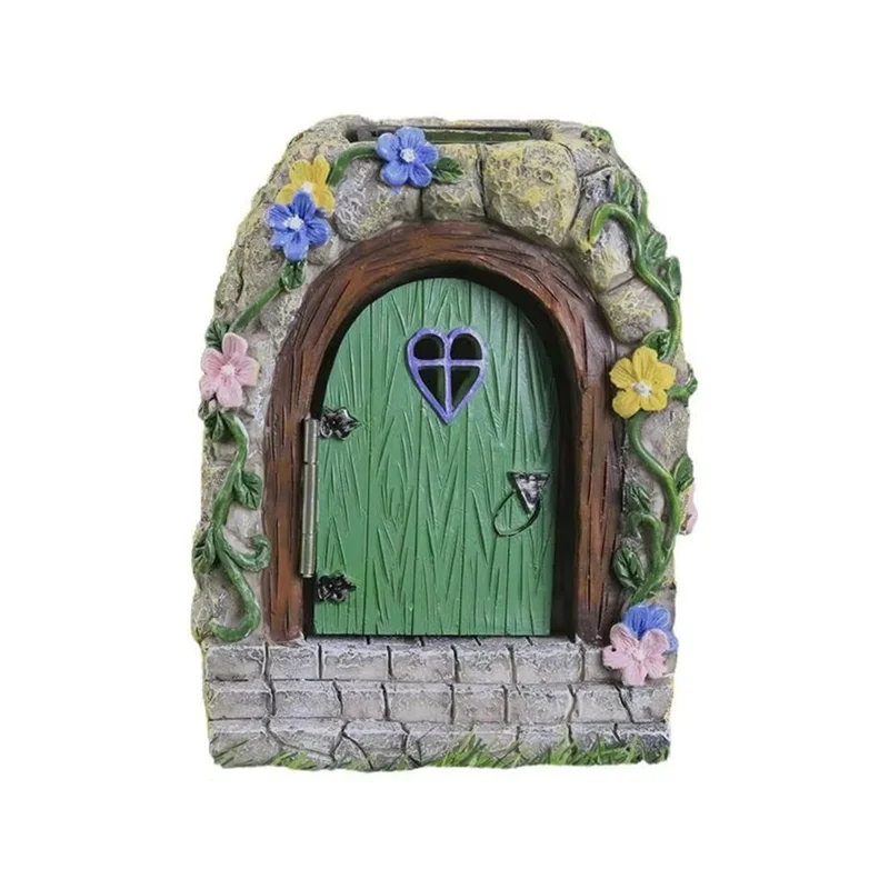 AF90-Porta da giardino fatata Cancello da giardino fatato per esterni Miniature di alberi in resina con gradini e porta aperta Casa illuminata mistica