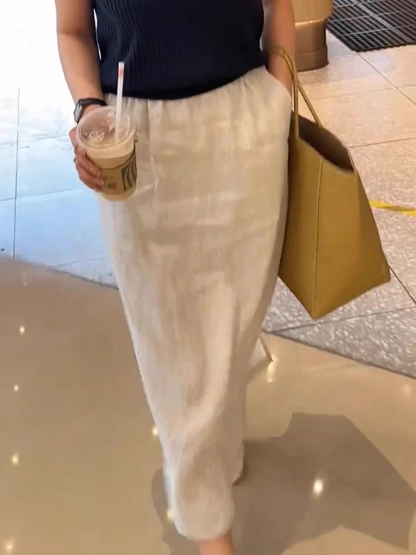 الكتان القطن عادية فضفاض المرأة تنورة عالية الخصر ألف خط التنانير الطويلة الصيف Faion خمر Sle با سبليت التنانير